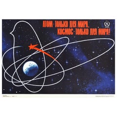 Poster sovietico originale d'epoca Atom Space For Peace Dove UN Nazioni Unite USSR