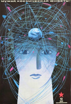 Original Vintage Soviet Poster Cosmic Youth Earth Space Cosmonautics Day USSR