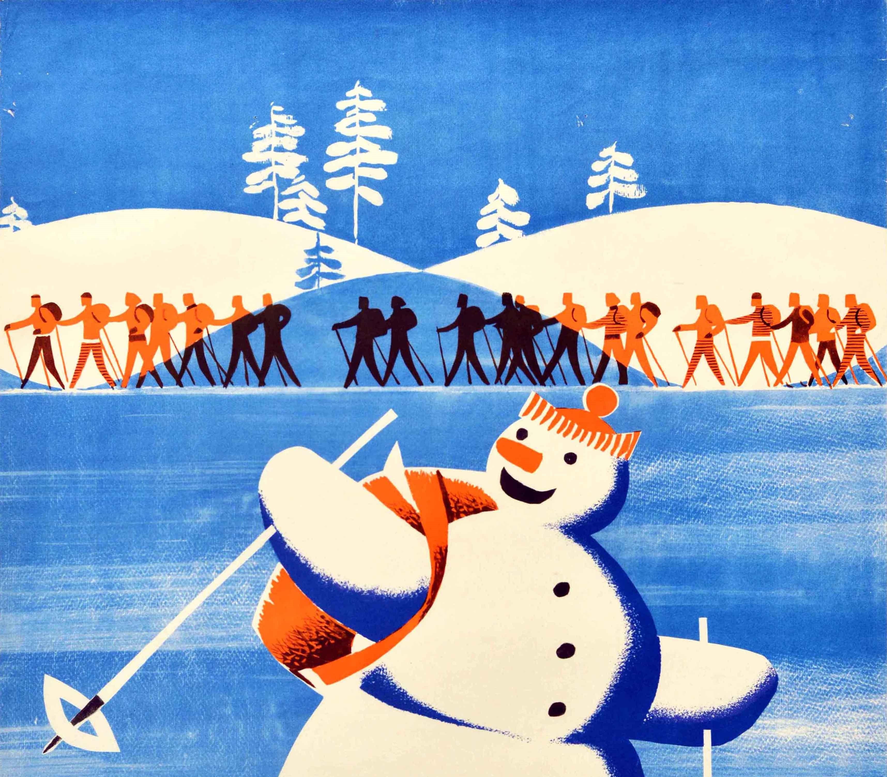 Russian Original Vintage Soviet Poster Go Skiing Winter Sport Travel USSR Snowman Design