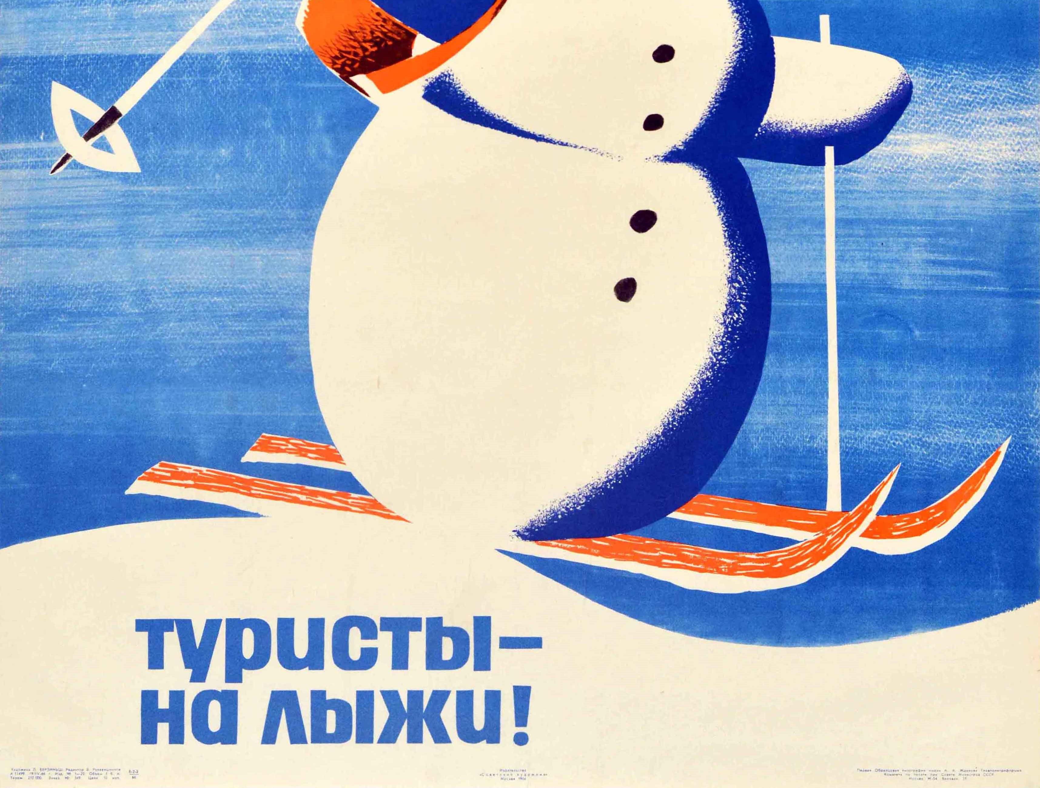 Original Vintage Soviet Poster Go Skiing Winter Sport Travel USSR Snowman Design In Good Condition In London, GB