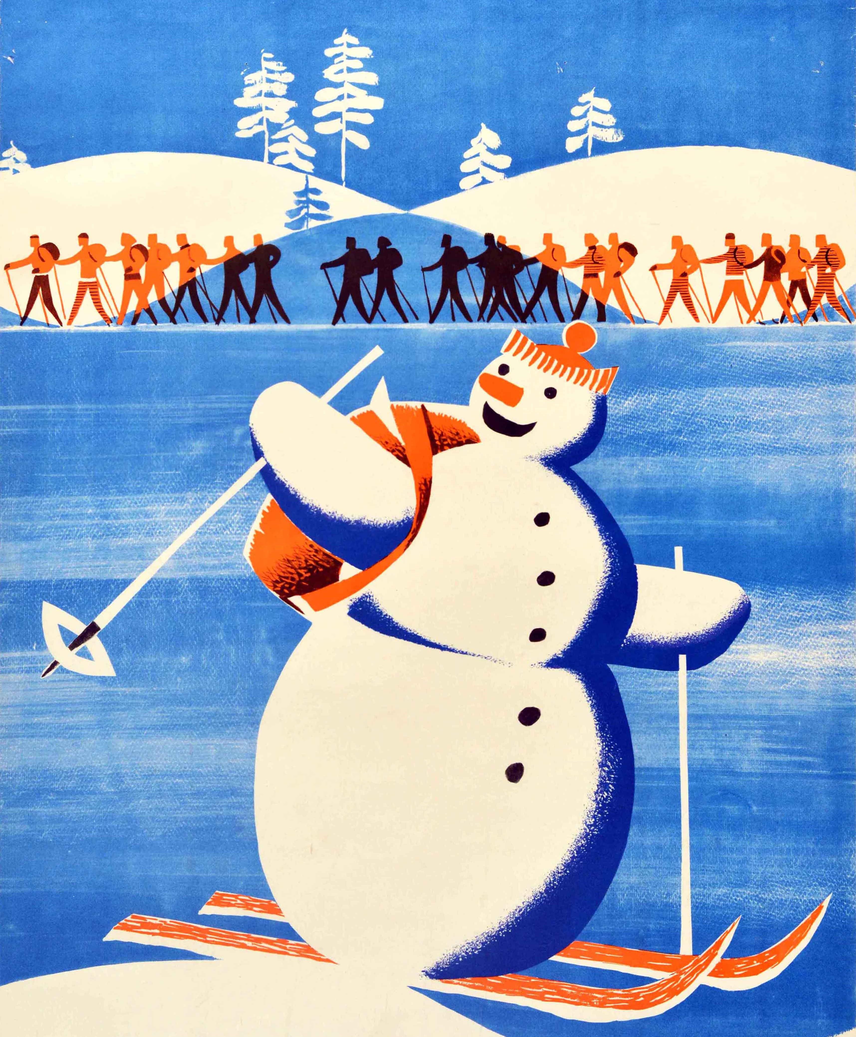 Mid-20th Century Original Vintage Soviet Poster Go Skiing Winter Sport Travel USSR Snowman Design