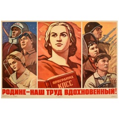 Affiche rétro originale soviétique inspirée, Travailleurs, Science, Espagne, Ferme, Militarie