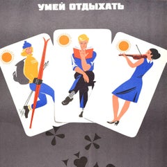 Original sowjetisches Original-Vintage-Poster „ Learn To Ski Read Music Don't Drink Playing Cards“