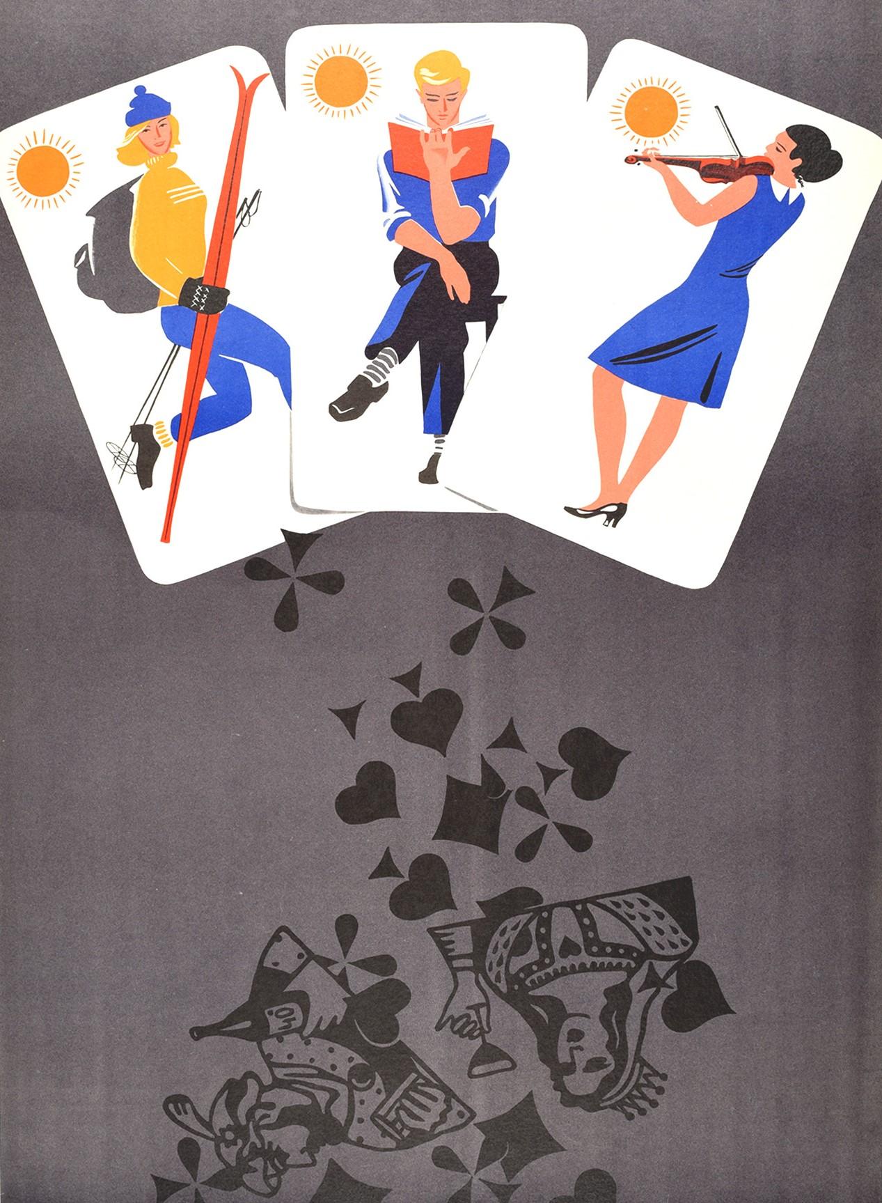 Russian Original Vintage Soviet Poster Learn To Ski Read Music Don't Drink Playing Cards For Sale