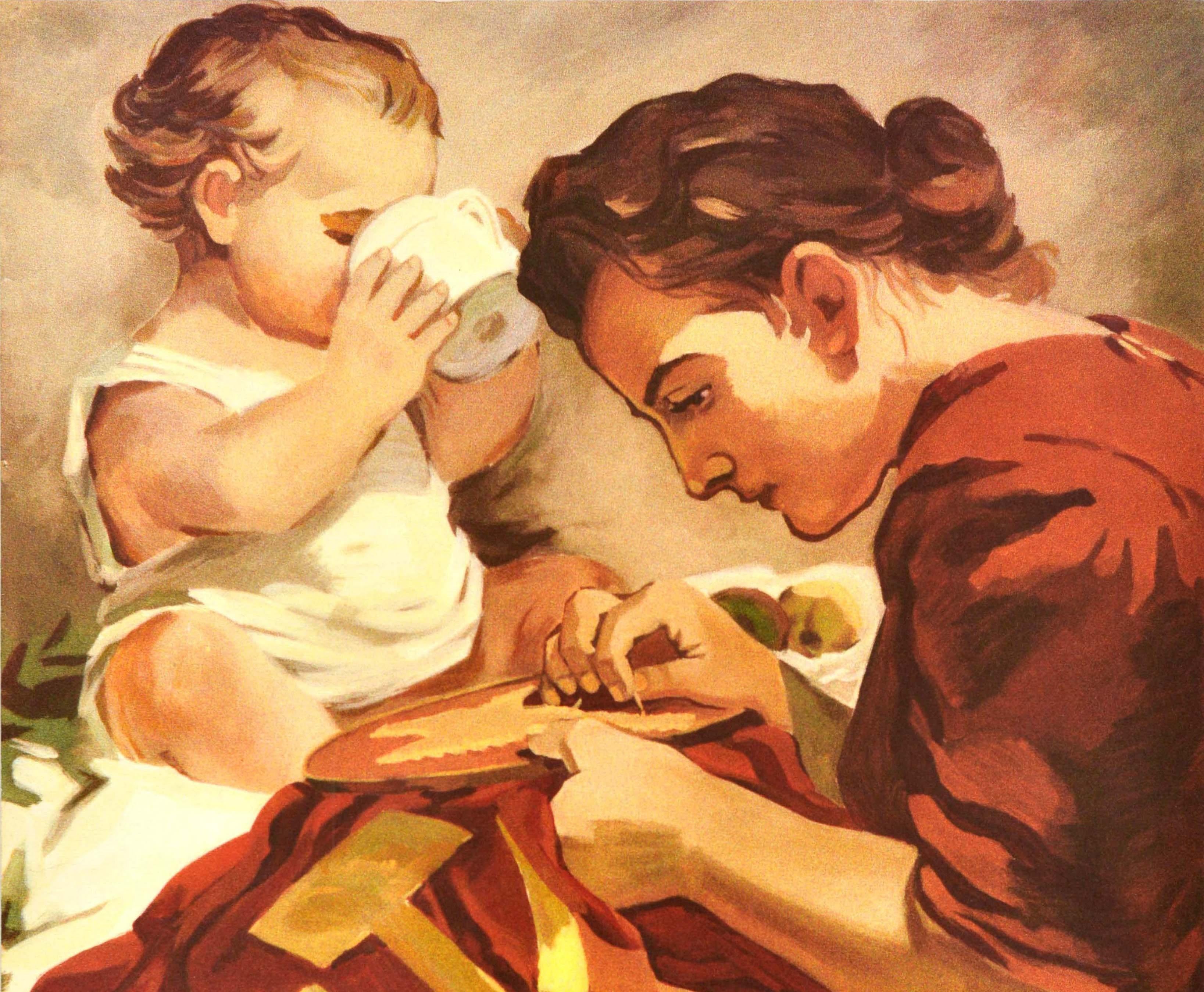 Original vintage Soviet propaganda poster - Long Live Peace! - featuring artwork showing a lady holding a sewing needle and embroidering a red flag with the title text and yellow hammer and sickle emblem on it, a young child sitting next to her