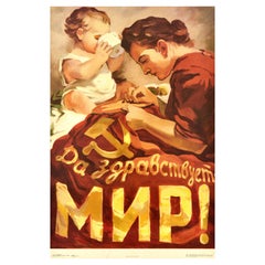 Original Vintage Soviet Poster Long Live Peace USSR Propaganda Mother Child Flag