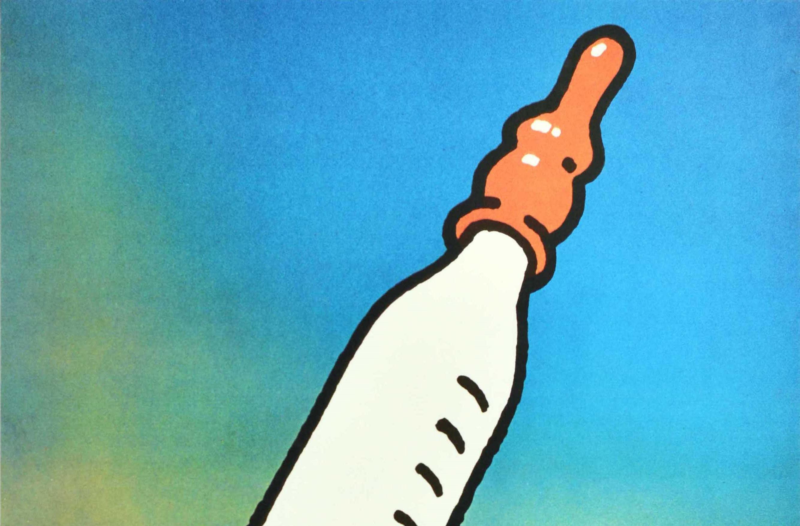 Original vintage Soviet space propaganda poster - peaceful space for future generations! Colourful design depicting a baby bottle shooting up like a rocket with the stylised lettering below. Very good condition, minor creasing, small tears on edges.