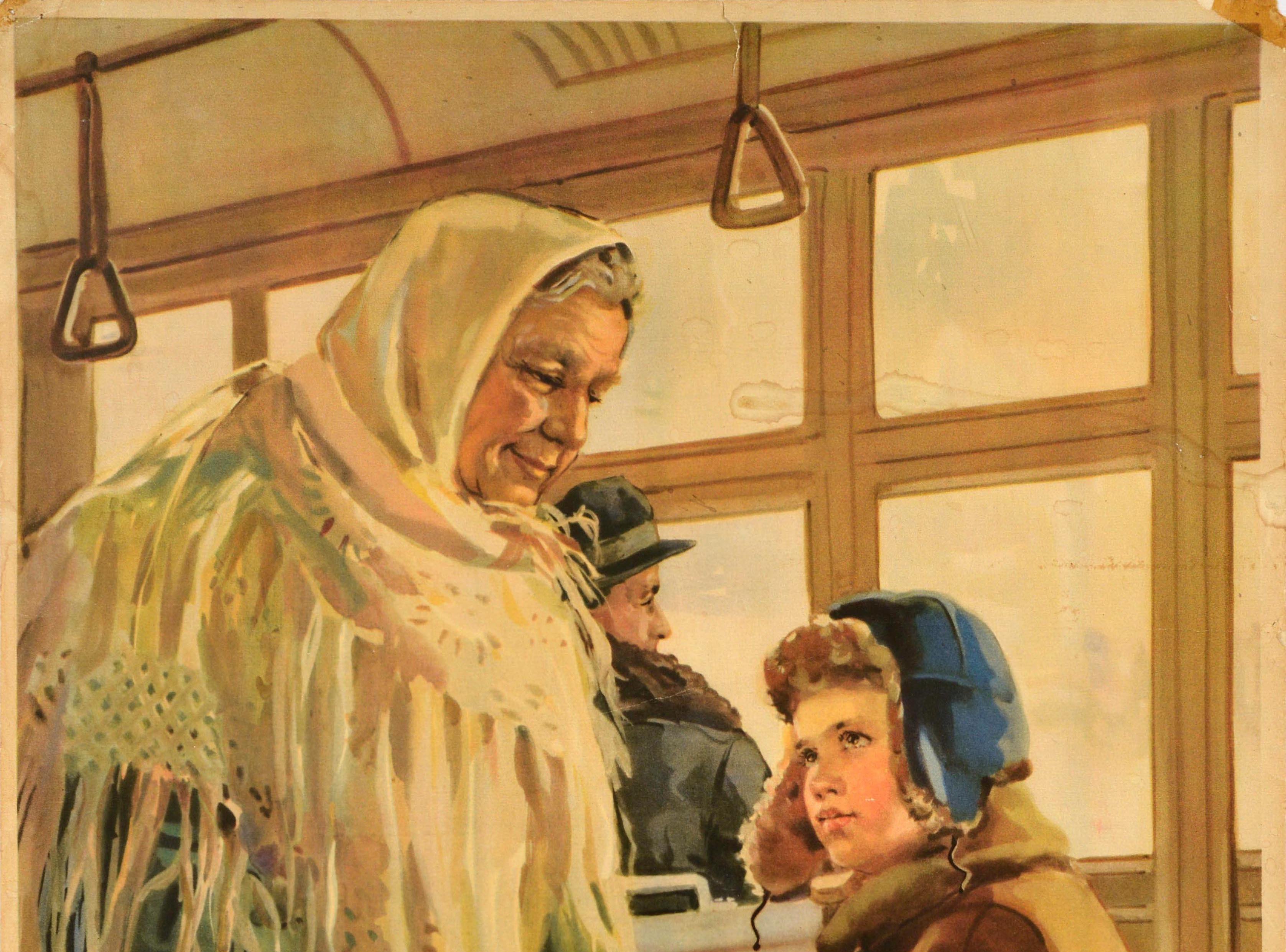 Original vintage Soviet propaganda poster promoting respectful conduct, discipline and good manners - He acted like a pioneer: he gave up a seat to an old lady - featuring an image of a polite young boy in a winter coat, hat and mittens indicating