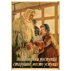 Original Vintage Soviet Poster Pioneer Polite Conduct Respect To Elders USSR Art