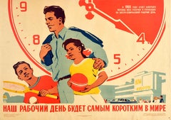 Original Vintage Soviet Poster Six Hour Working Day Week USSR Sport Culture Time