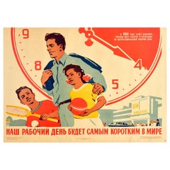 Poster sovietico originale d'epoca Sei ore di lavoro al giorno Settimana URSS Sport Cultura Tempo