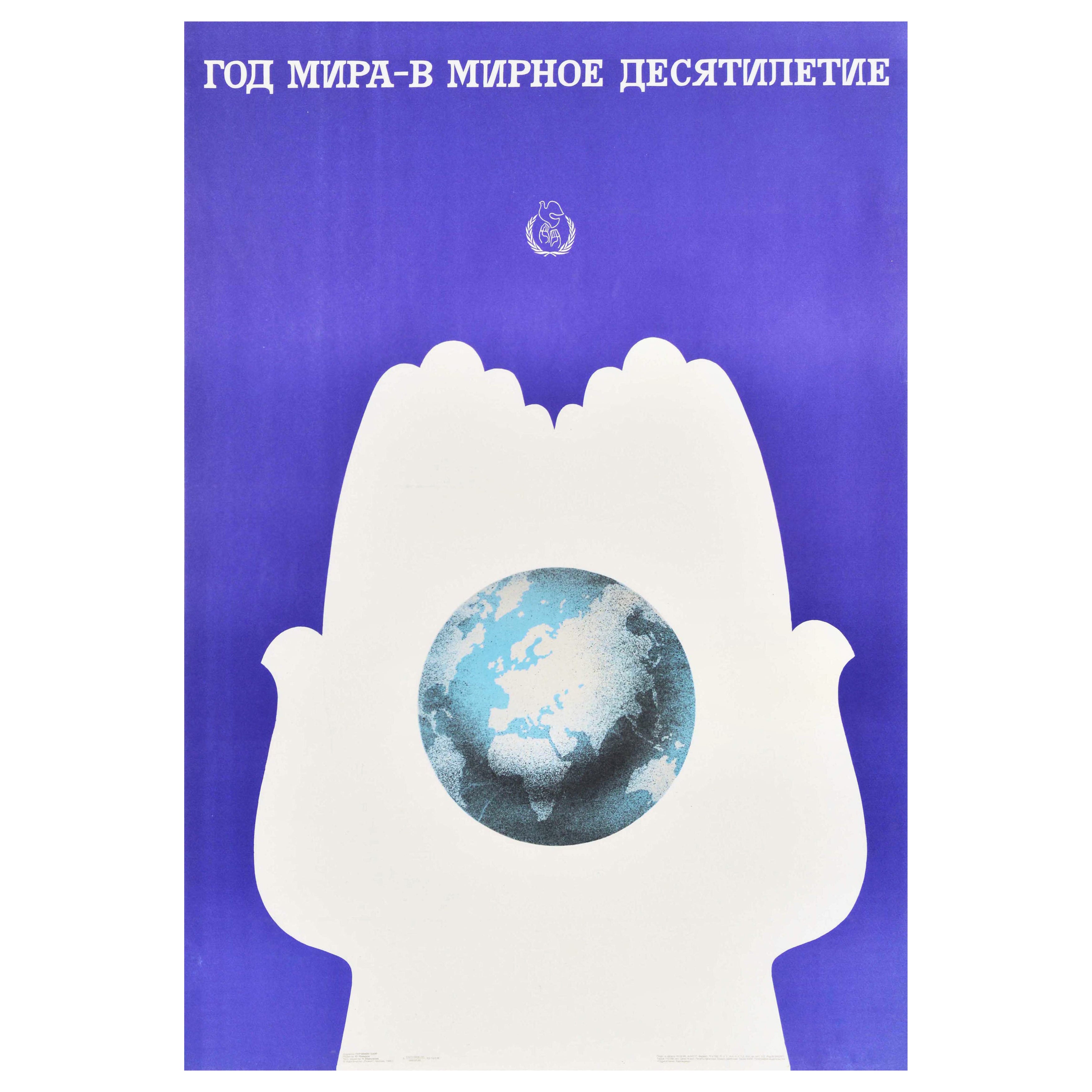 Original Vintage Soviet Poster Vereinte Nationen Jahr des Friedens Taube Welt Kunst UdSSR im Angebot