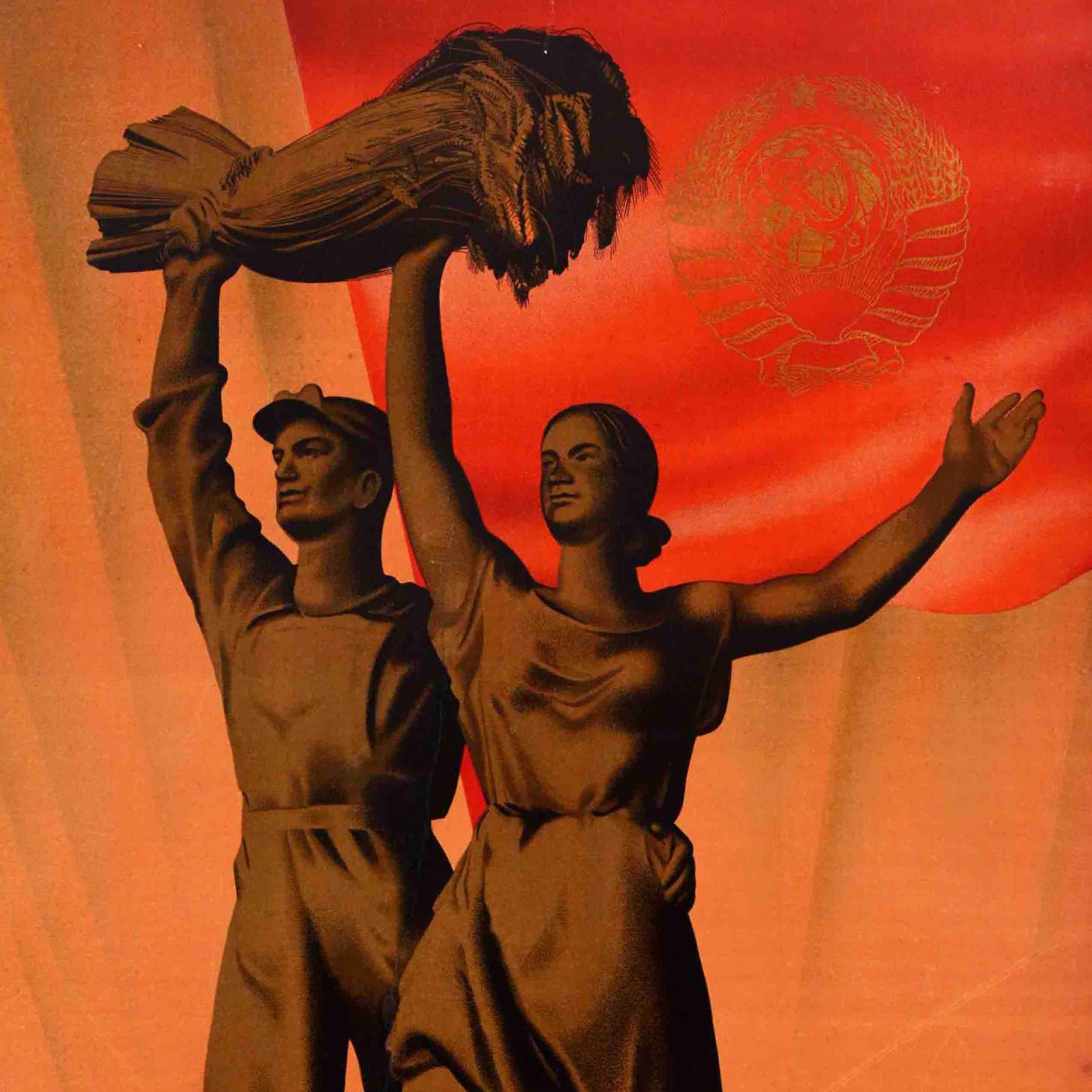 Originales Vintage-Plakat des sowjetischen staatlichen Reisemonopols Intourist aus dem Jahr 1939 zur Eröffnung der Allunions-Landwirtschaftsausstellung (?????????? ???????-????????????? ???????? / Vsesoyuznaya Selsko-Khozyaystvennaya Vystavka),