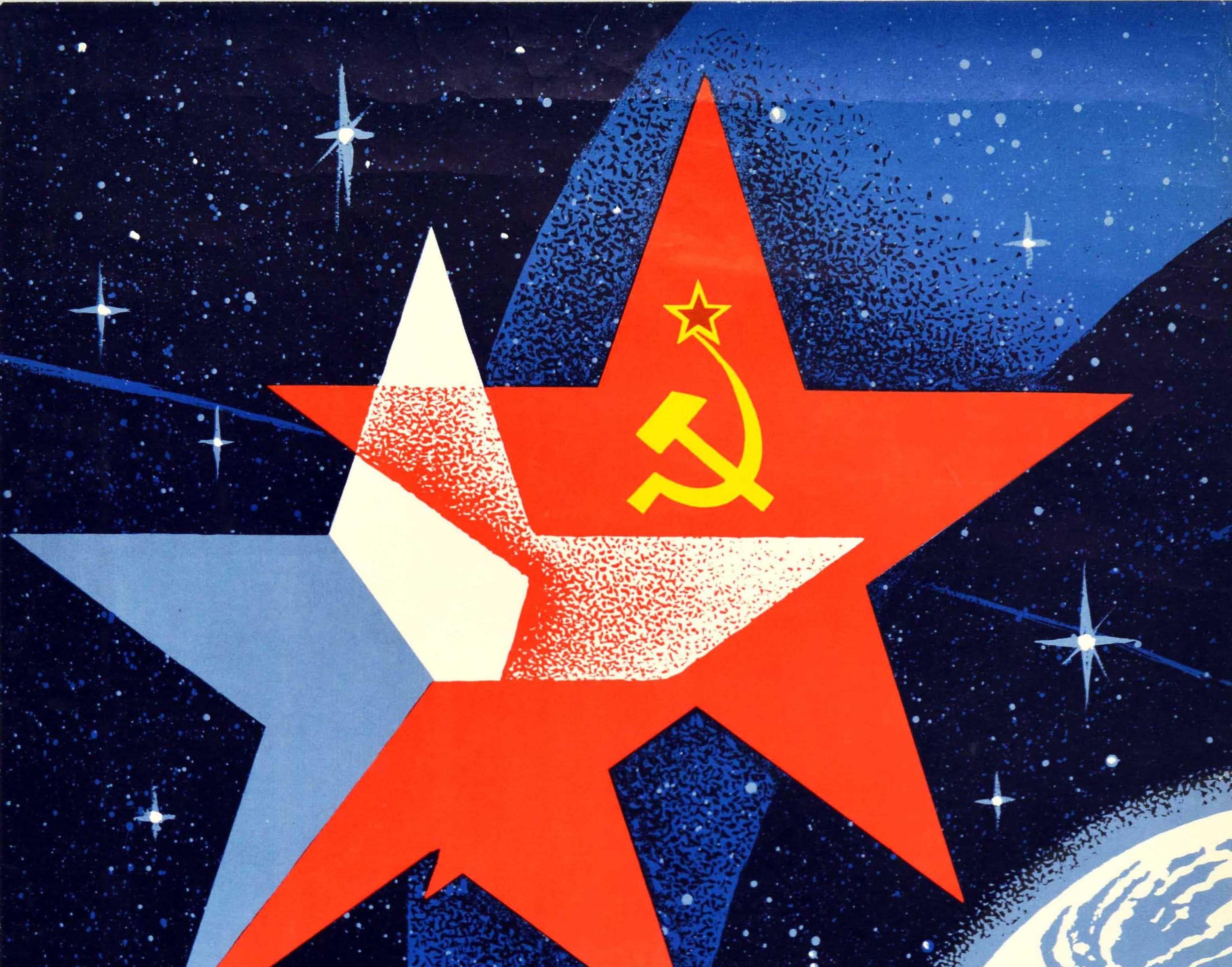 Original vintage Soviet space propaganda poster celebrating the joint Soviet-Czech Soyuz 28 ???? 28 space mission on 2 March 1978 featuring a great design depicting two stars representing the flag of Czechoslovakia and the hammer and sickle USSR