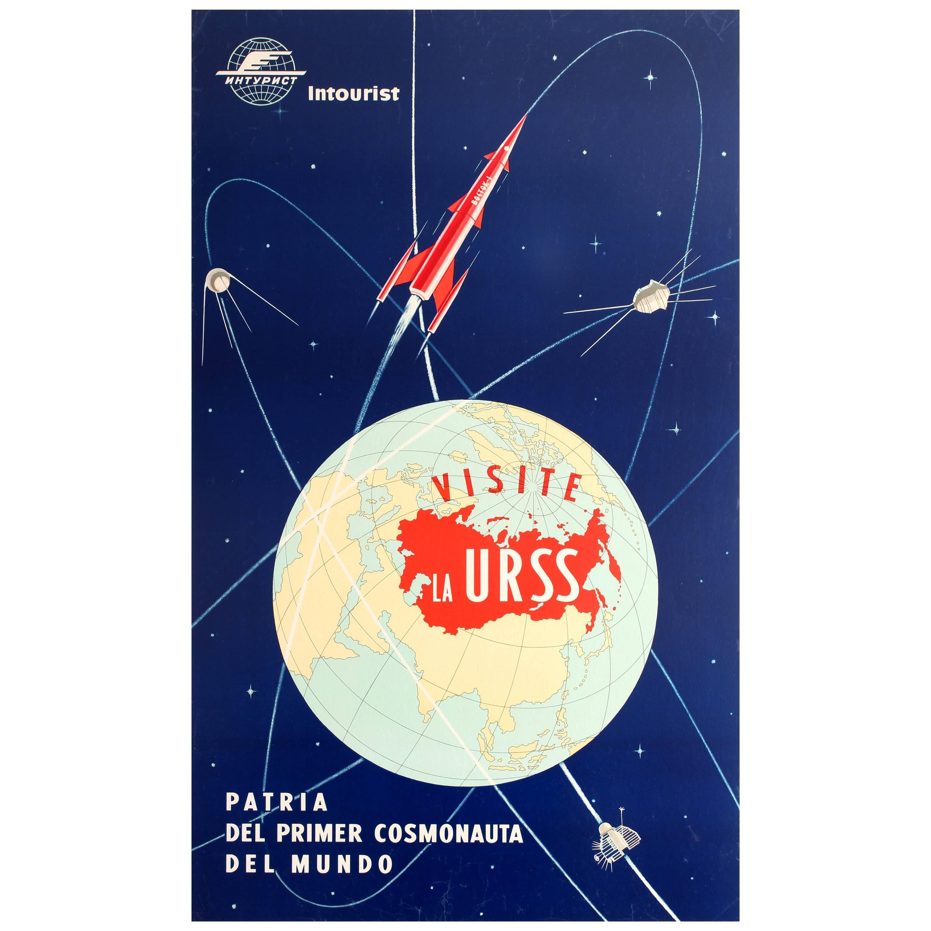 Original Vintage Soviet Poster Visit USSR Home of the First Cosmonaut Intourist