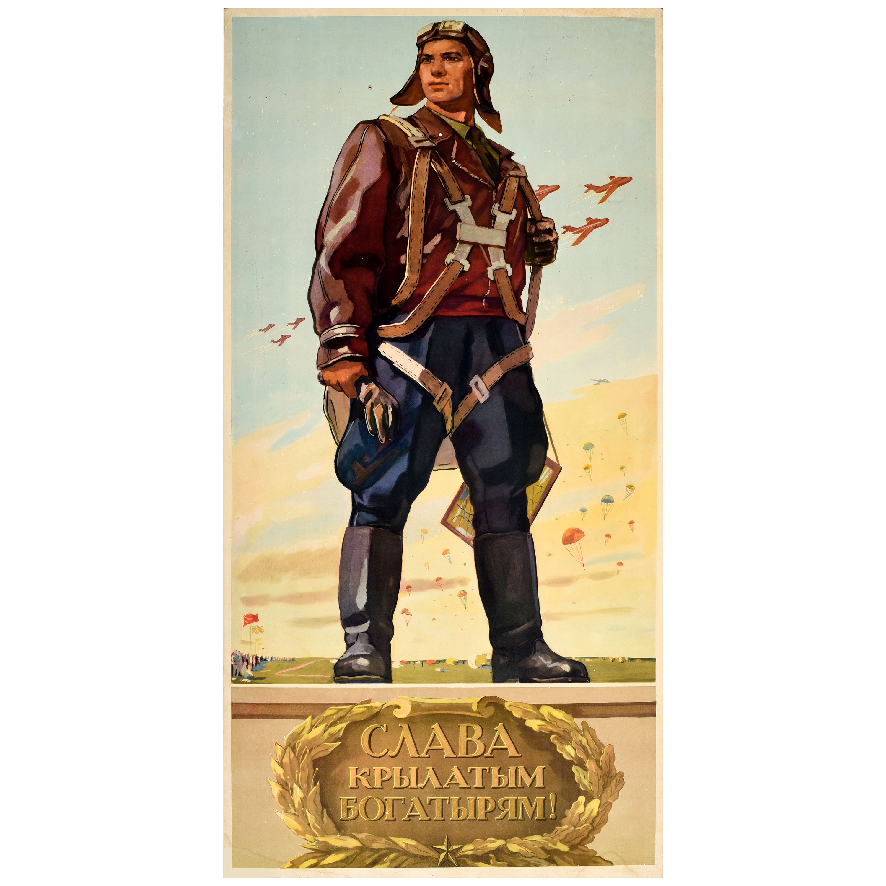 Original Vintage Sowjetische Propaganda Piloten geflügelte Helden Glanz UdSSR Fighter Jet