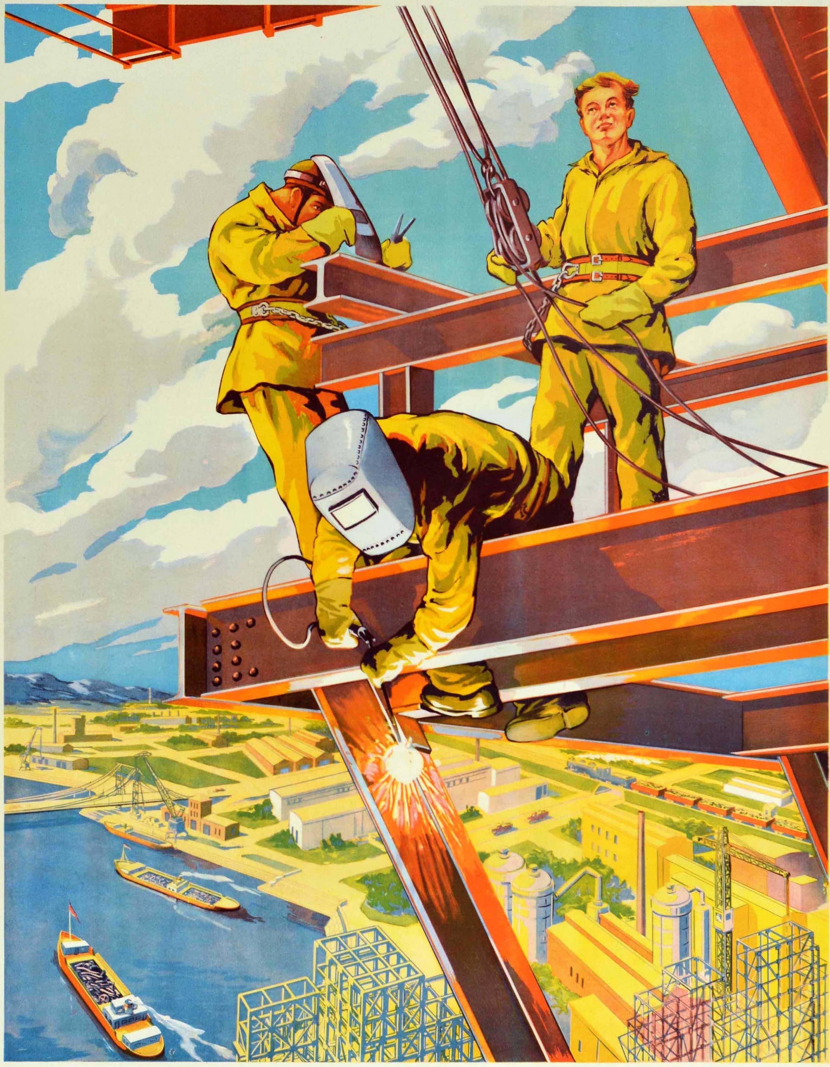 Poster originale di propaganda sovietica d'epoca che incoraggia i lavoratori a risparmiare e riciclare i metalli di scarto - Workers of Industry Collect Scrap Metal! Ogni tonnellata di metallo risparmiata facilita il completamento del Piano