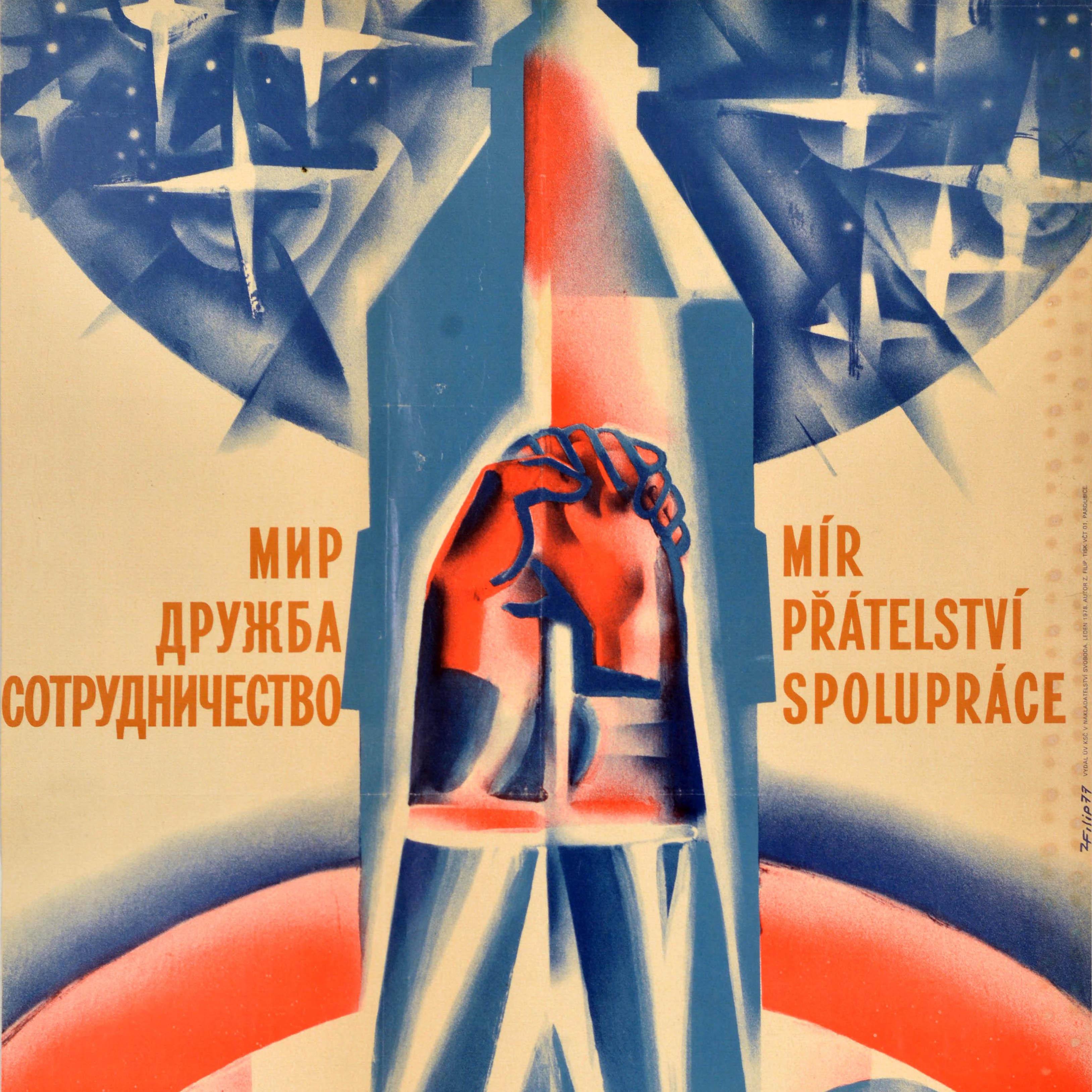 Original Vintage Soviet Propaganda Poster Cosmonauts Peace Czechoslovakia USSR In Good Condition For Sale In London, GB