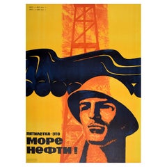 Poster di propaganda sovietica originale d'epoca Piano quinquennale Mare di petrolio URSS Benzina