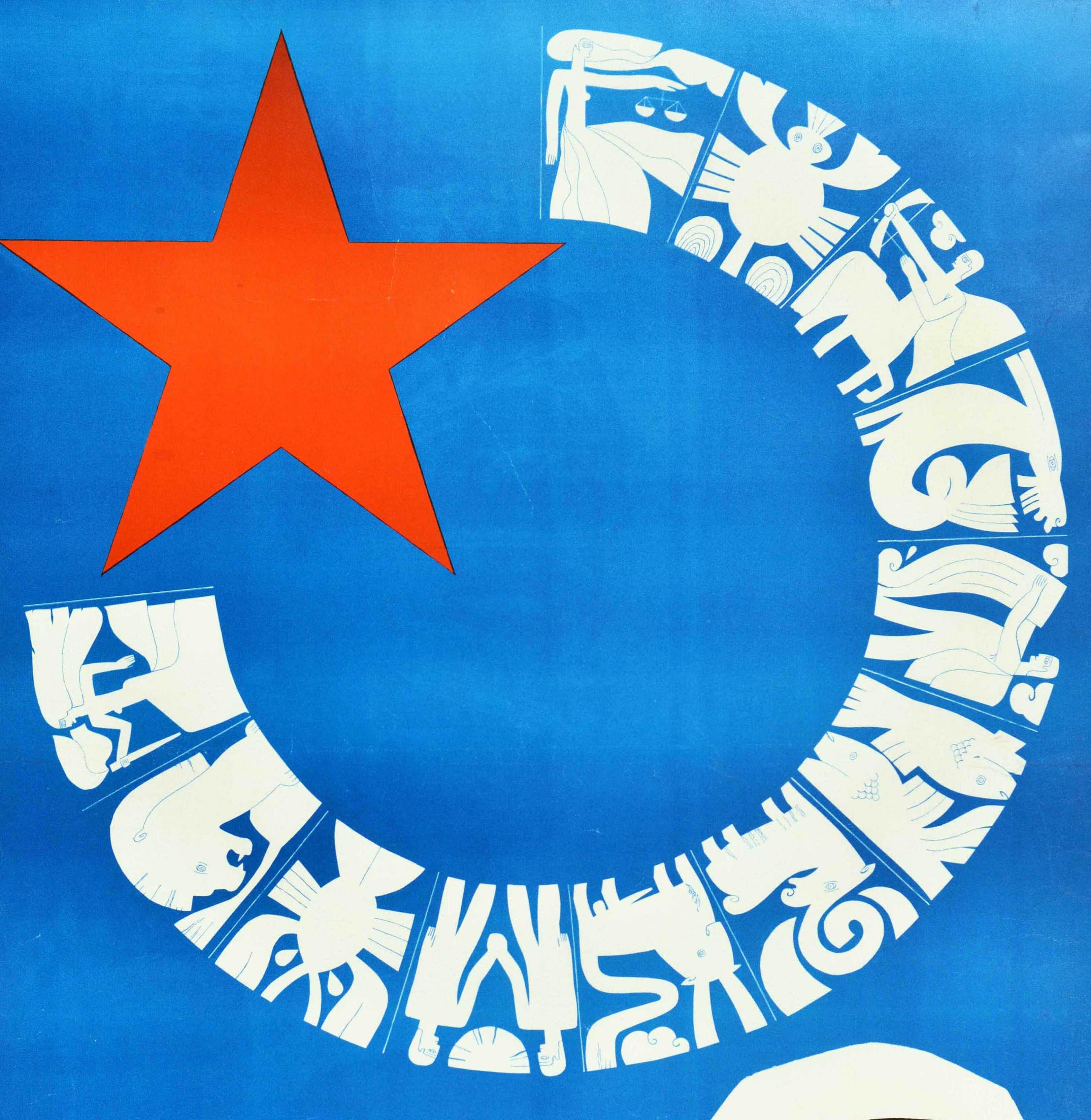Affiche de propagande soviétique vintage originale - ? ? ???? ? ???? ? ???????? / Et il y aura une nouvelle constellation - avec une illustration d'une étoile rouge de l'URSS sur fond bleu avec des constellations d'horoscope en bloc blanc des signes
