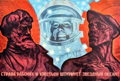 Cartel original de propaganda soviética vintage Gagarin asaltando el océano estrellado URSS
