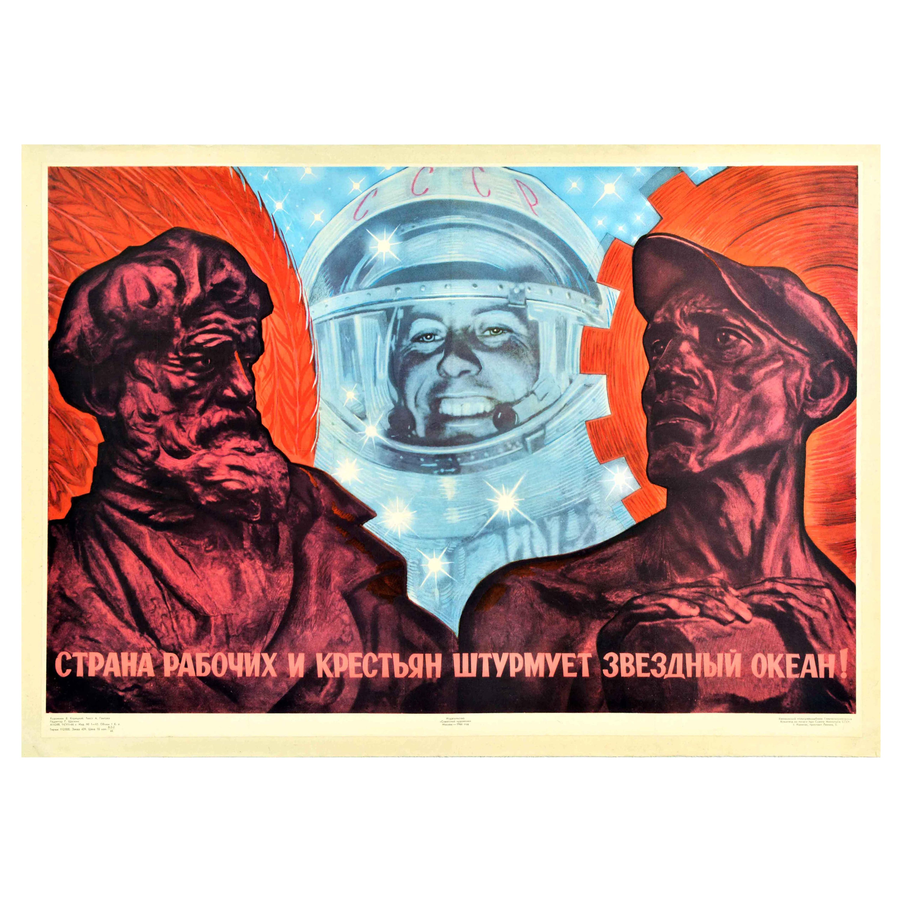 Originales sowjetisches Propagandaplakat Gagarin-Sturmschifffahrtsschiff im USSR im Angebot
