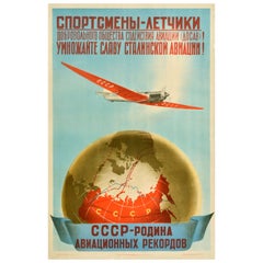 Poster propagandistico sovietico originale d'epoca Gloria di Stalin Registrazioni dell'aviazione URSS