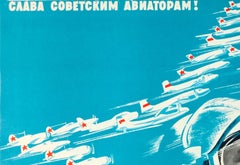 Originales sowjetisches Propagandaplakat, Glory to Soviet Aviators, Vintage! Piloten Flugzeuge