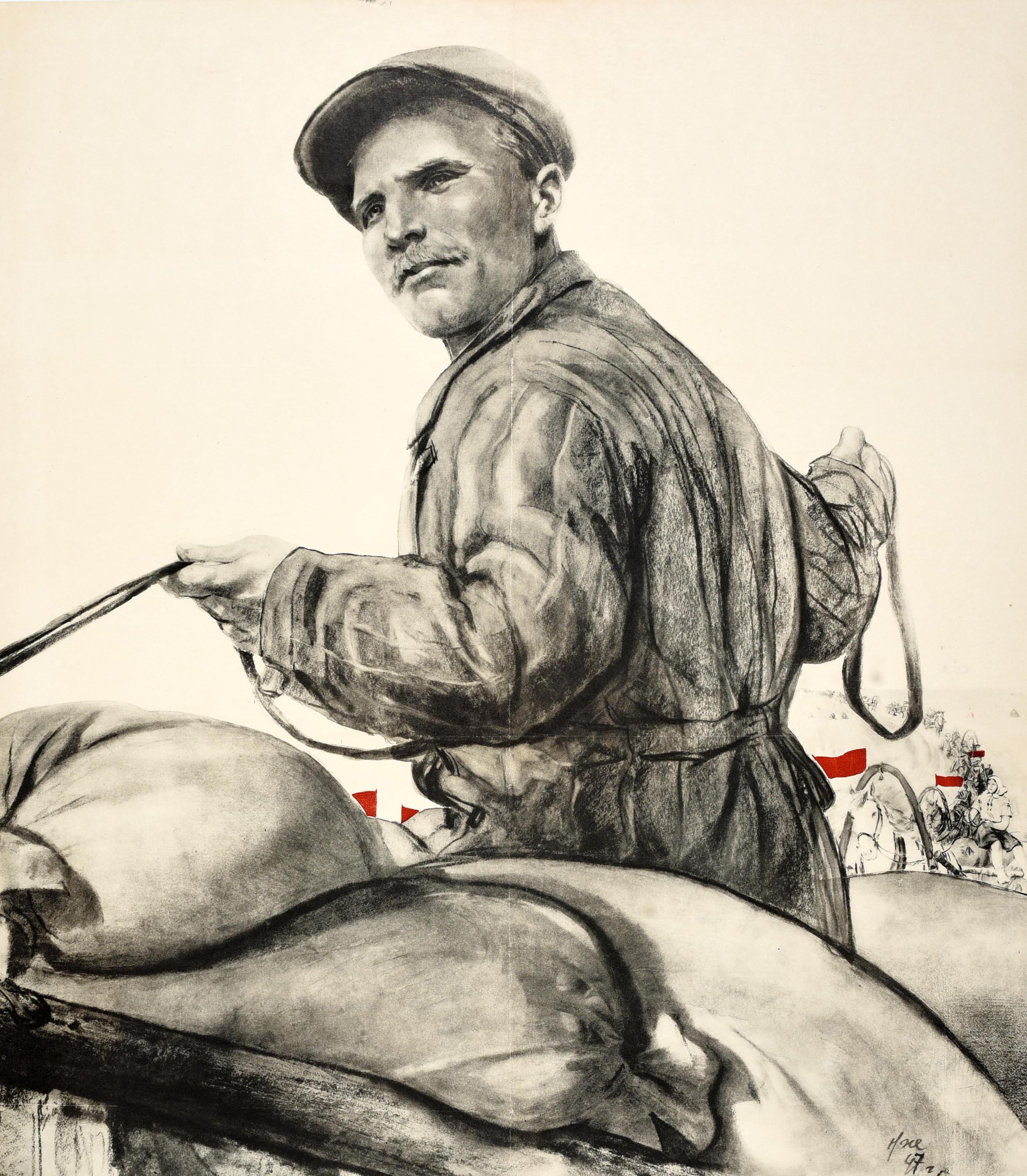 Poster di propaganda sovietica originale d'epoca - Il primo pane va al governo! - con una grande immagine di un contadino con una corda che guida il suo carro trainato da cavalli e si siede sui sacchi di grano in primo piano con altre persone che lo
