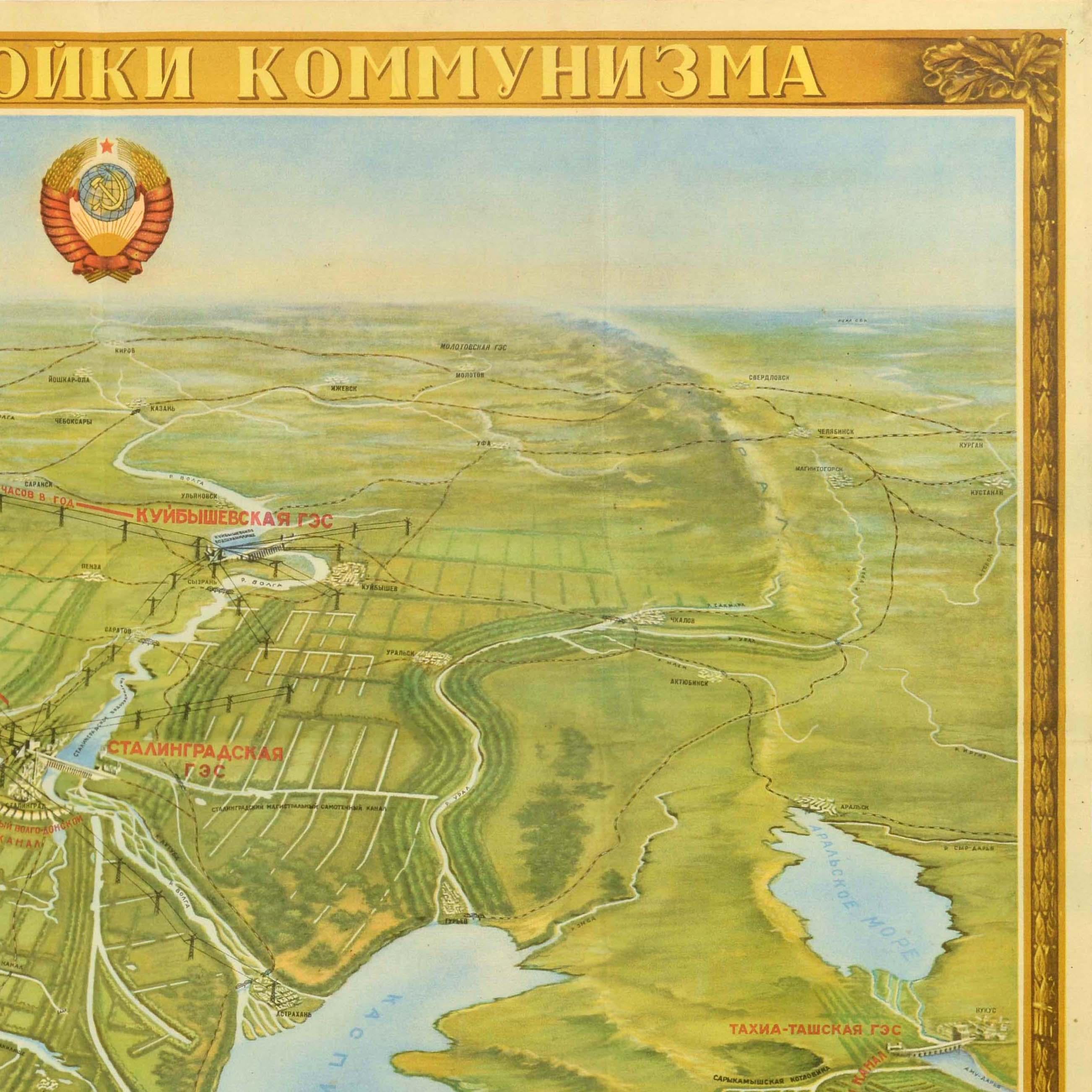 Russian Original Vintage Soviet Propaganda Poster Great Buildings Of Communism Map USSR For Sale