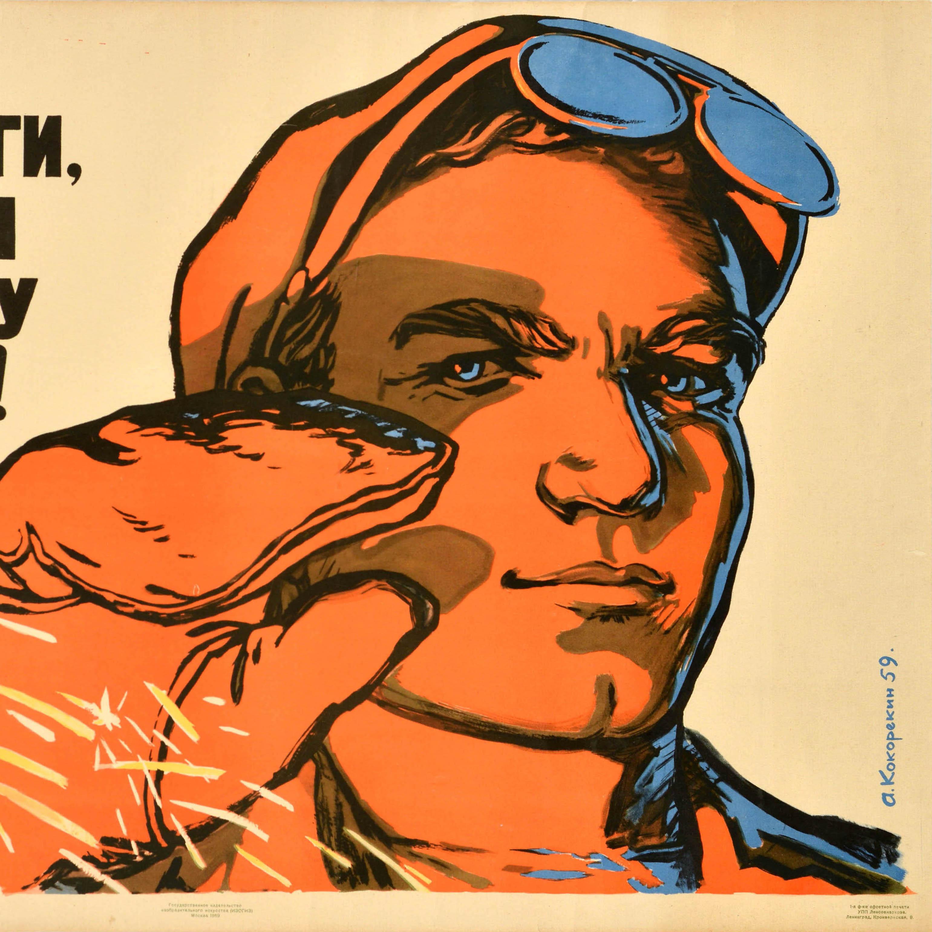 Original Vintage Soviet Propaganda Poster Metallurgist Seven Year Plan USSR im Zustand „Relativ gut“ im Angebot in London, GB