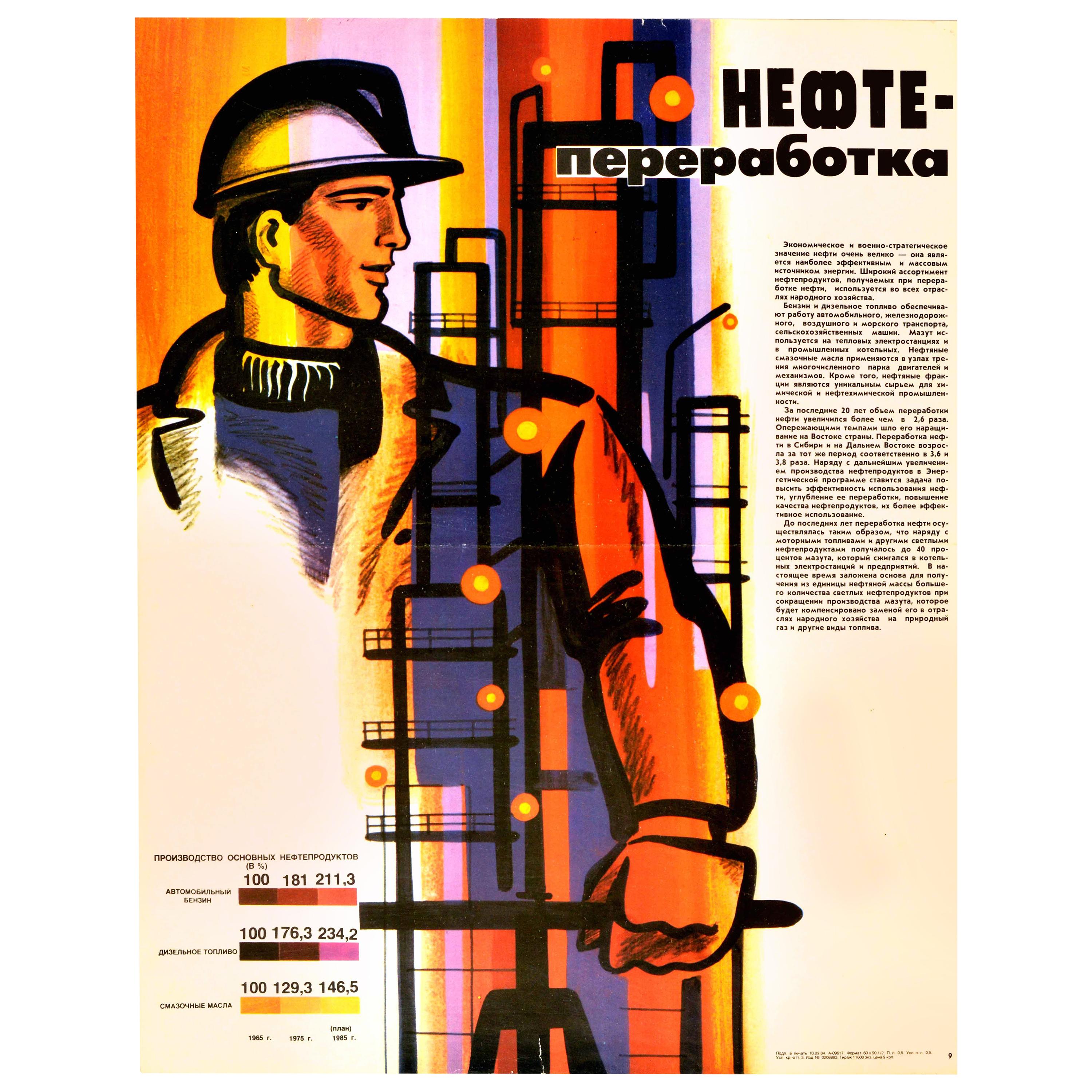 Original Vintage Soviet Propaganda Poster Oil Refinery Industrial Plant Worker