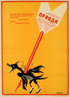 Original Vintage Soviet Propaganda Poster Pravda Arrow Fake News Foreign Press