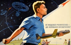 Original Vintage Soviet Propaganda Poster Student Models Space Ships USSR