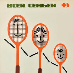 Original Vintage Soviet Propaganda Poster Tennis Family Red Cross USSR Health