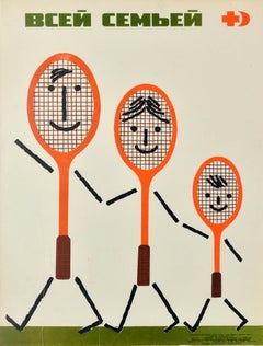Original Vintage Soviet Propaganda Poster Tennis Family Red Cross USSR Health