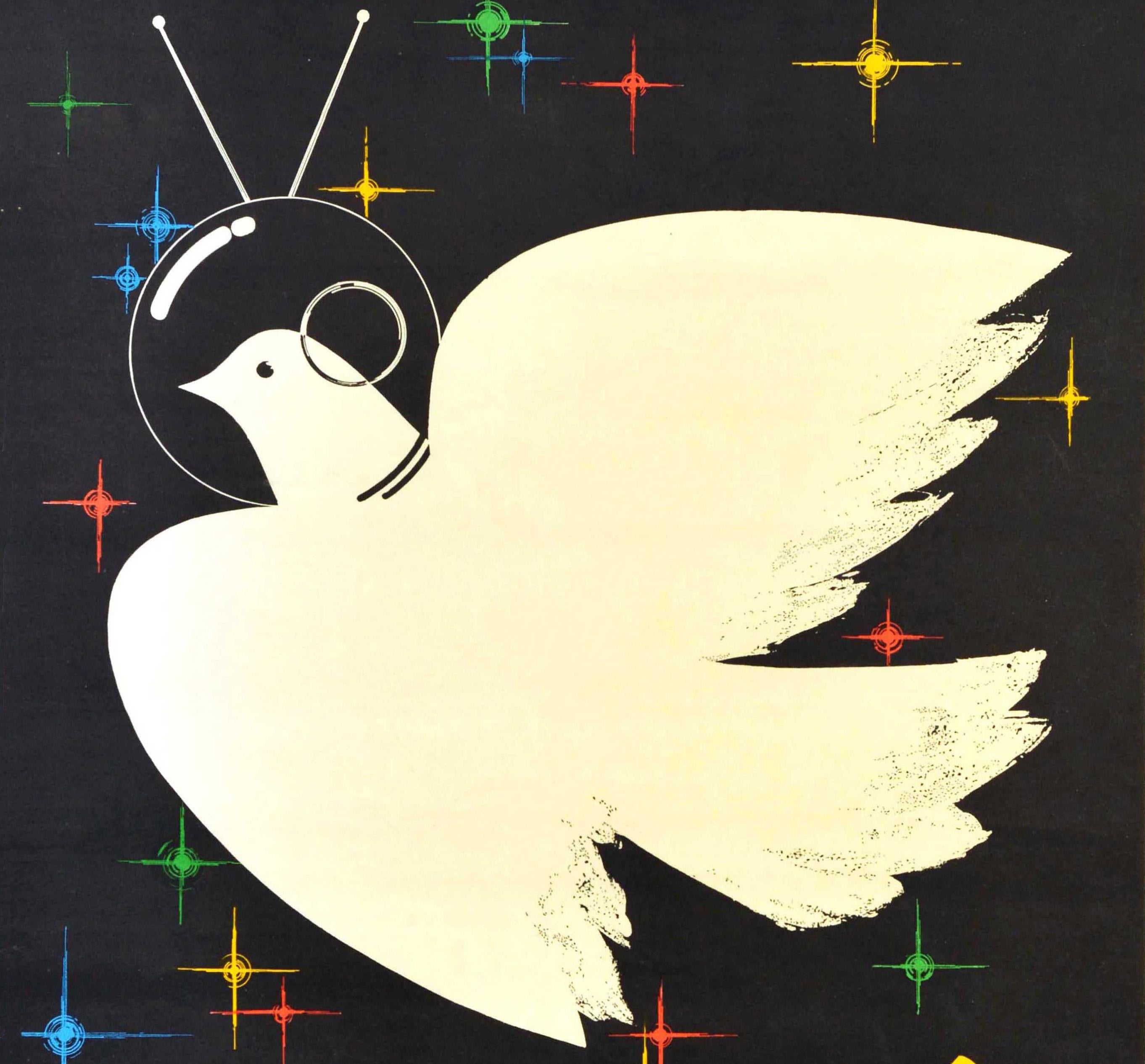Original vintage Soviet space propaganda poster - ?! space is not for war-featuring a white dove of peace in a cosmonaut / astronaut helmet flying in front of colorful stars on the black background, a rainbow and the stylised text in yellow