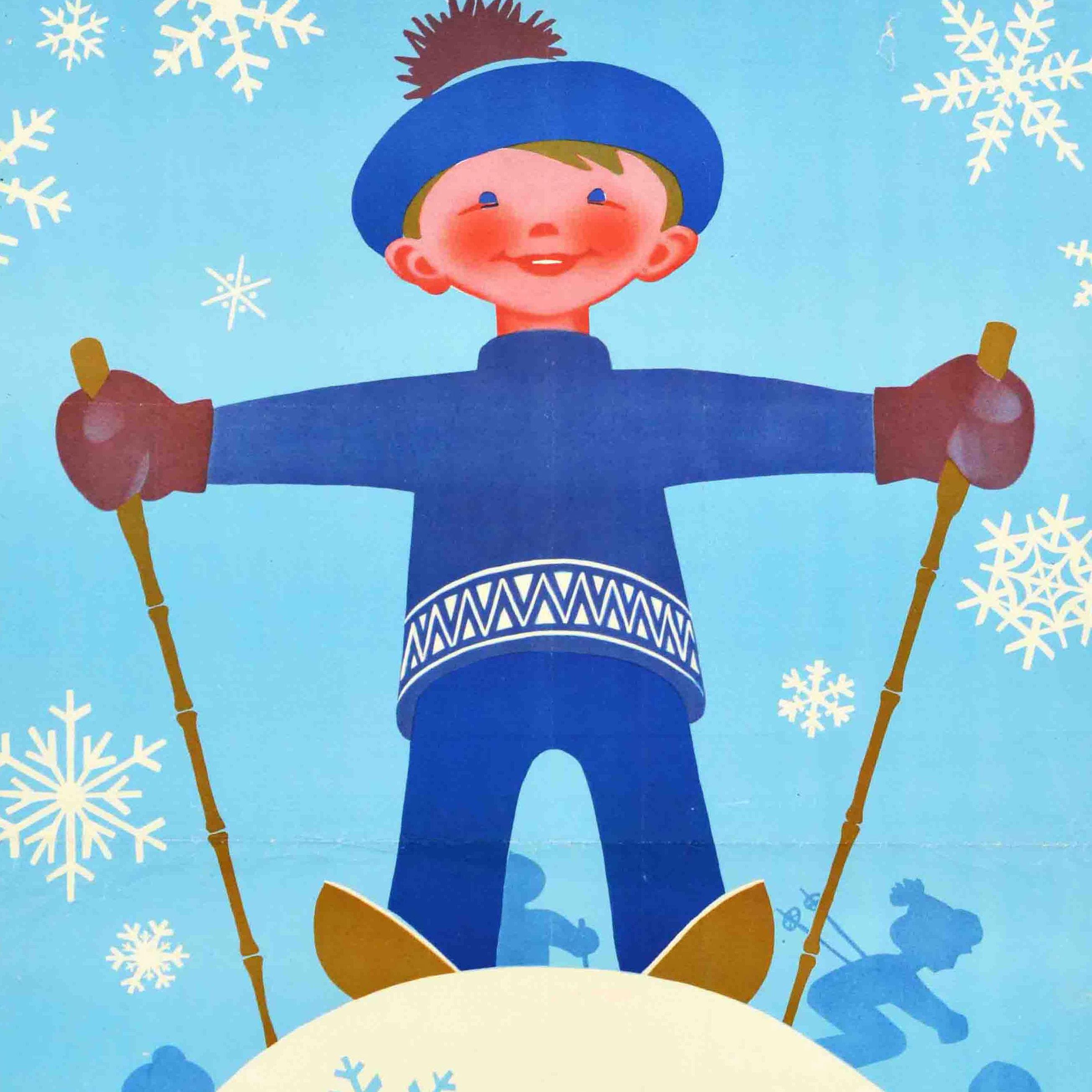 Original vintage sport health poster - Be strong and healthy from a young age! / ????????? ???????! Great image featuring a young smiling child with rosy cheeks standing on skis on a snowy hill and holding wooden ski poles in outstretched arms with