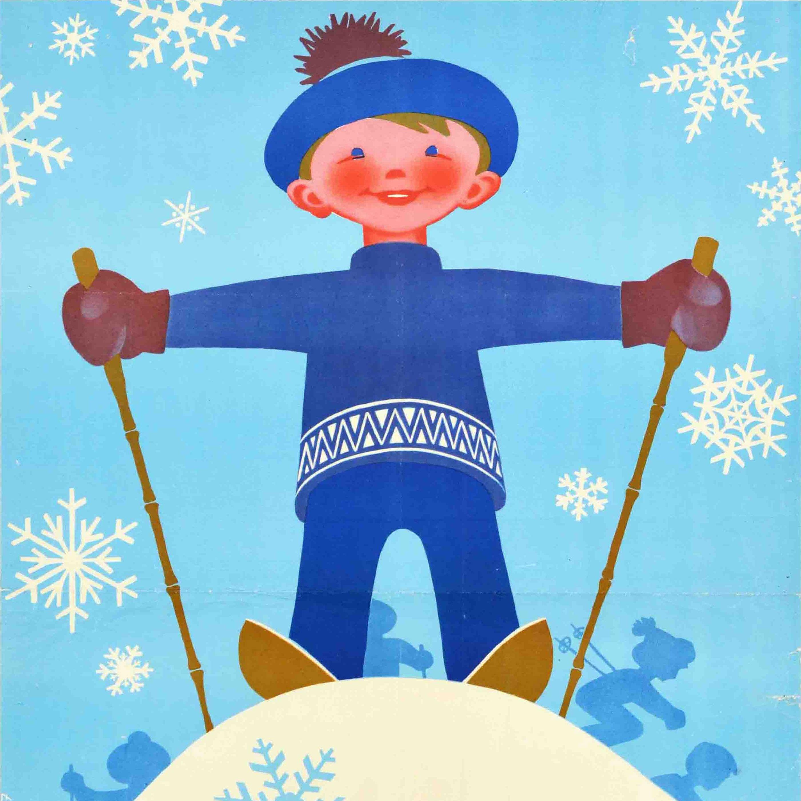 Russe Affiche rétro originale sur la santé soviétique, enfant skiant en URSS, art de bien-être en vente