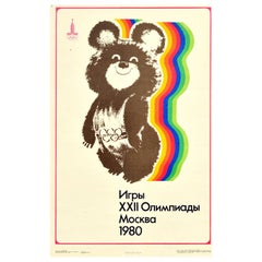 Originales sowjetisches Vintage-Sportplakat Moskauer Olympische Spiele 1980, Misha Bear Mascot