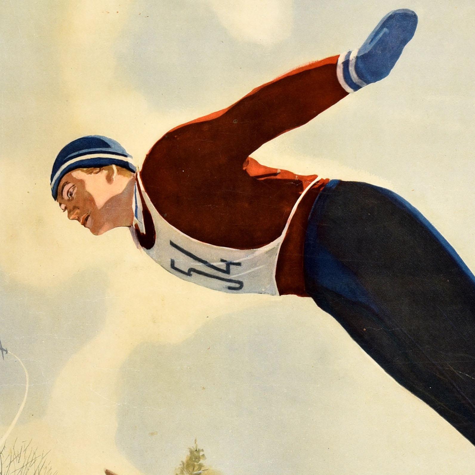 Original vintage Soviet sport poster - Strive to Achieve High Skiing Skills / ???????? ?? ??????? ?????????? ? ?????? ??????! Dynamic illustration of a skier wearing a number 54 bib leaning forward on wooden skis in a ski jump with a red flag and