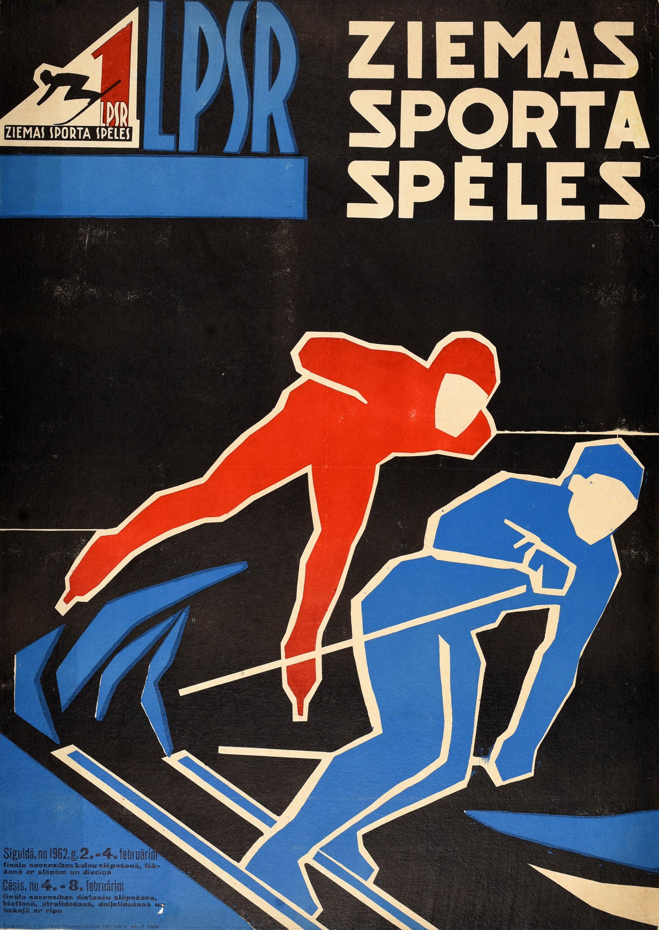 Original vintage sport poster for the Winter Sports Games in Latvia / LSPR Ziemas Sporta Speles issued by The Union of Sports Associations and Organisations of the Latvian SSR featuring a great graphic design depicting an ice skater in red leaning