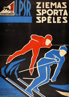 Póster deportivo soviético vintage original Juegos deportivos de invierno Letonia URSS Patinaje sobre hielo