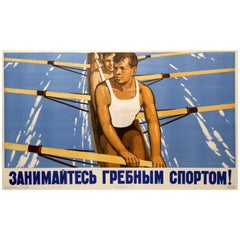 Original Retro Soviet Sport Propaganda Poster Practice Rowing Ft Crew Training