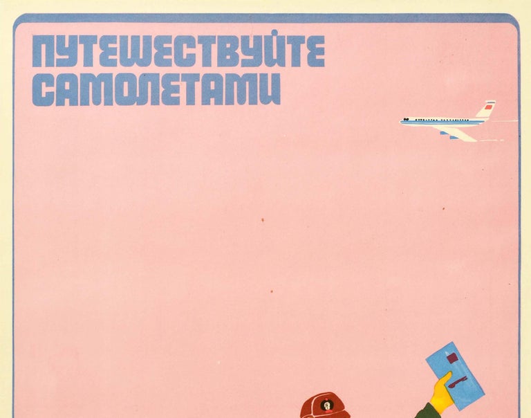 Original vintage travel advertising poster for Aeroflot featuring a great image of a smiling man running below a plane and holding a ticket with travel stickers on his shoulder bag and an Aeroflot Tourist luggage label flying from the case handle in