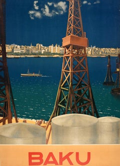 Original Vintage Soviet Travel Advertising Poster Baku Azerbaijan Intourist Oil