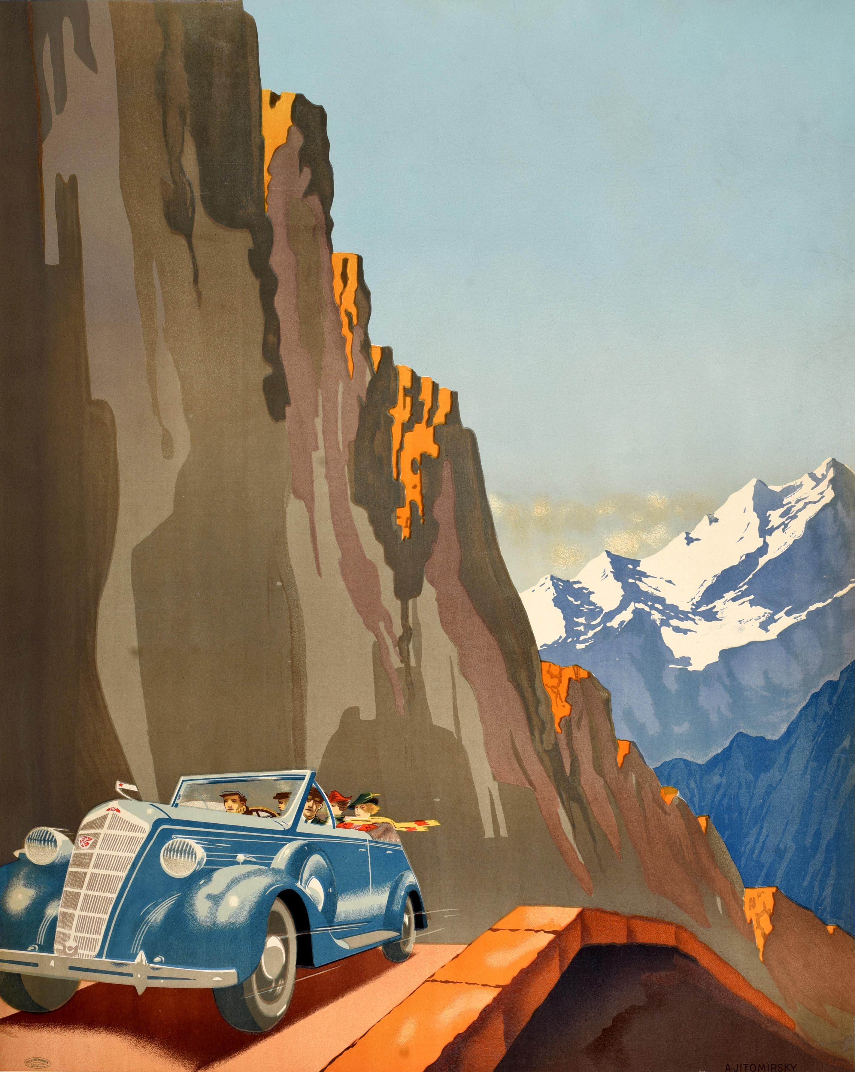 Original vintage Soviet travel poster for the Georgian Military Highway issued by the state tourism agency Intourist featuring great Art Deco artwork by Alexander Zhitomirsky (1907-1993) depicting smartly dressed people wearing suits and fashionable