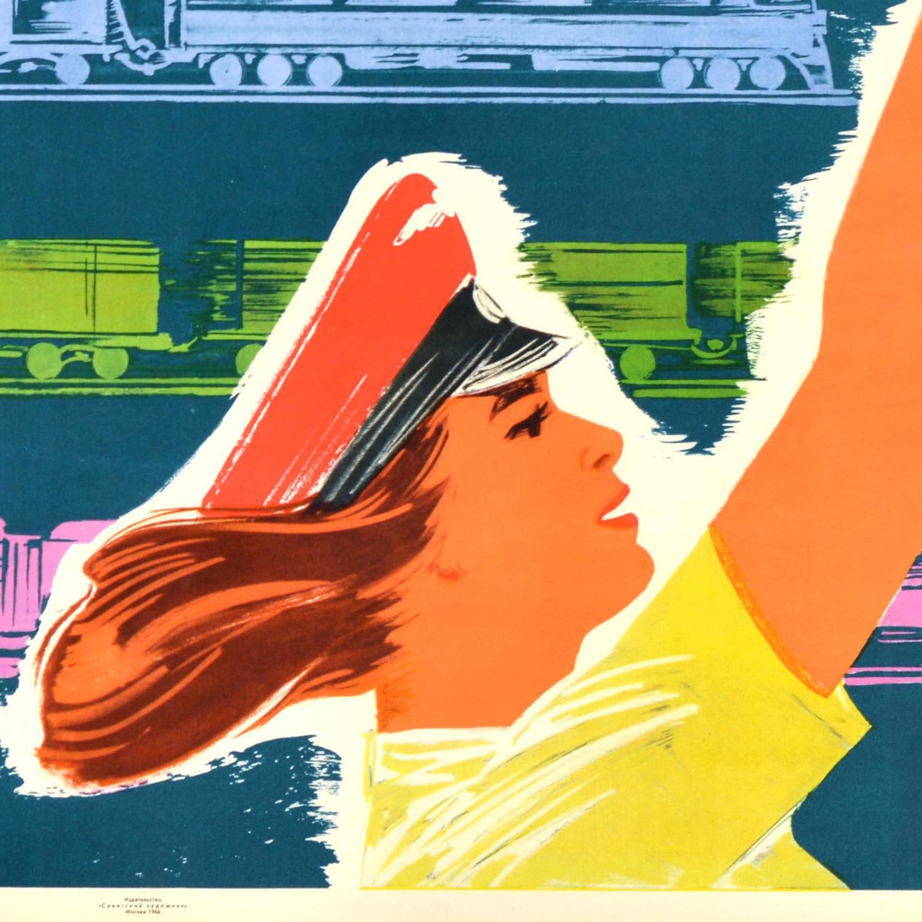 Poster di viaggio sovietico originale d'epoca Have a Nice Trip Train Railway USSR In condizioni buone in vendita a London, GB