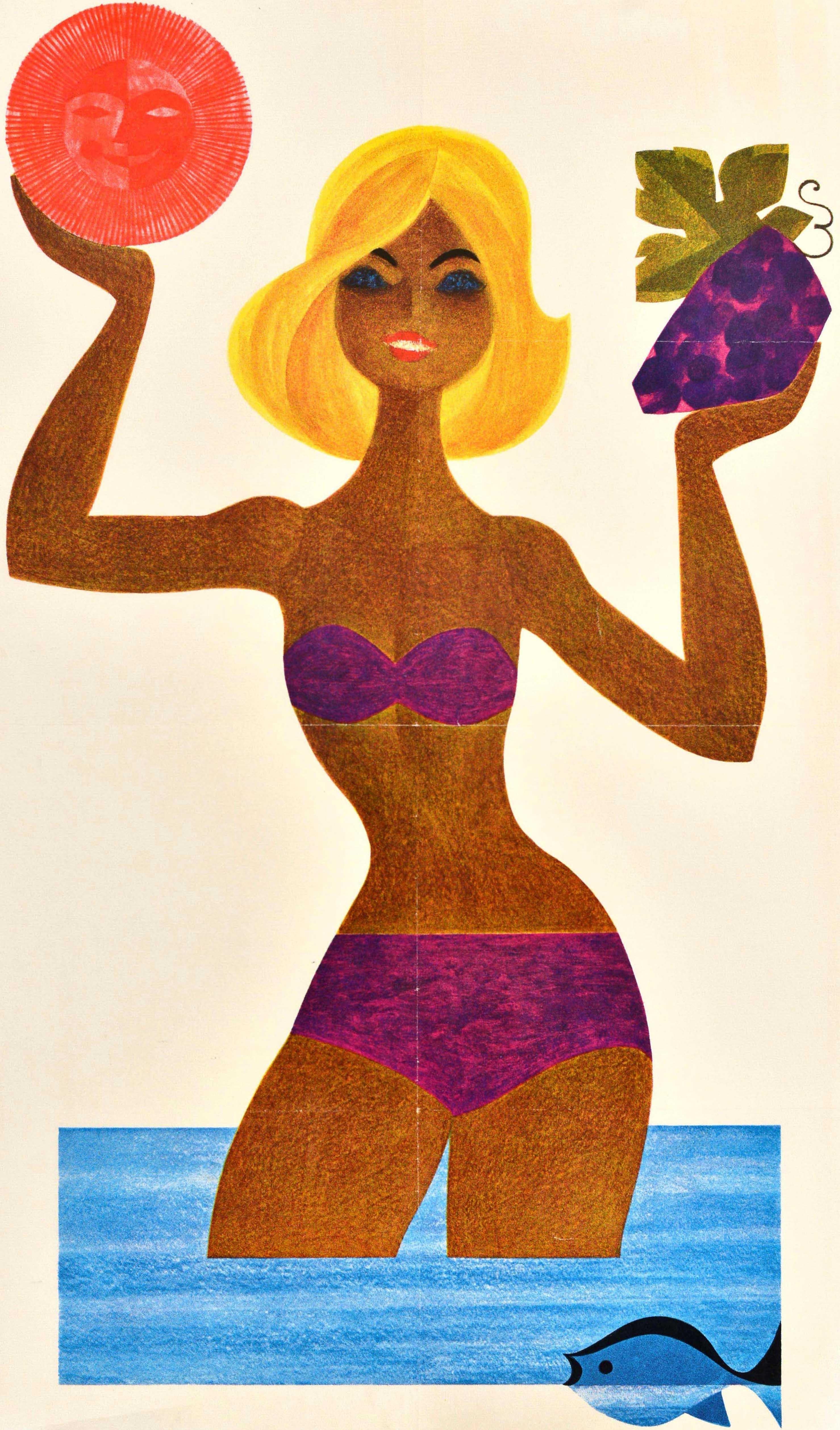 Affiche rétro originale de voyage soviétique, Yalta Sochi, URSS, plage Bikini Bon état - En vente à London, GB