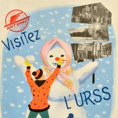 Original Vintage Soviet Travel Poster USSR In Winter Intourist Snowman URSS